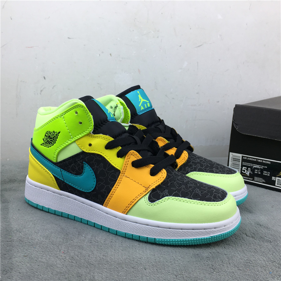 Women Air Jordan 1 Mid SE GS Yellow Black Green Blue Shoes - Click Image to Close